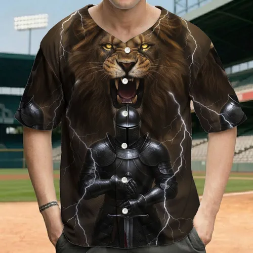 Stoic Medieval Knight Roaring Lion Longsword Lightning Bolts - Epic Fantasy Gift for Him Baseball Jersey