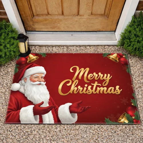 Santa Claus Merry Christmas Holly Bells Ornaments - Christmas Home Decor Gift Doormat