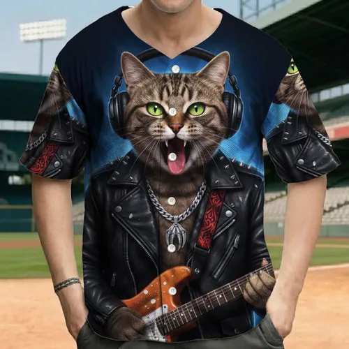 Motorcycle Jacket Tabby Cat Electric Guitar - Rock Music Fan Gift Baseball Jersey