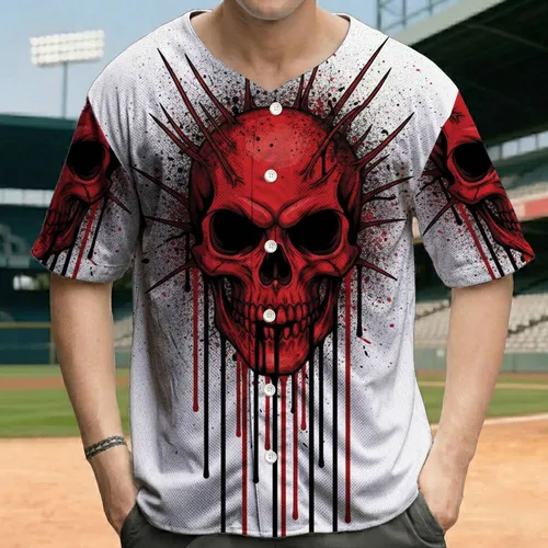 Menacing Spiky Red Skull Blood Splatters - Halloween Party Gift for Horror Lover Baseball Jersey