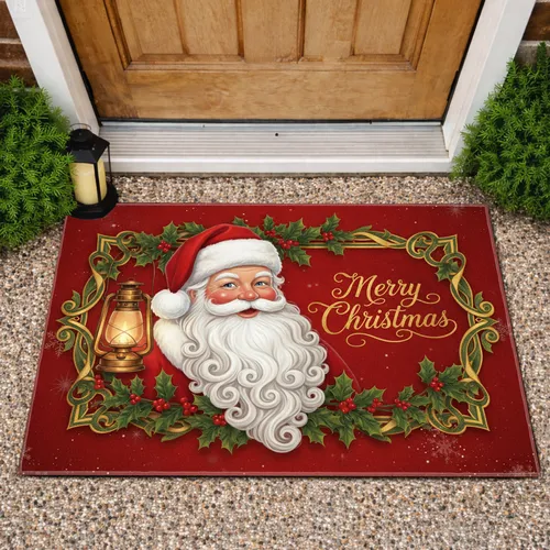 Santa Claus Lantern 'Merry Christmas' Holly - Christmas Holiday Gift Doormat