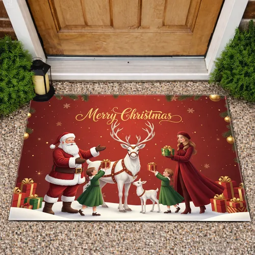 Merry Christmas Santa Reindeer Presents Snow - Holiday Home Decor Doormat