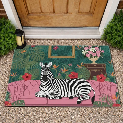 Zebra Pink Sofa Tropical Leaves Ornate Cabinet Gold Frame - Interior Decor Gift for Wildlife Lover Doormat