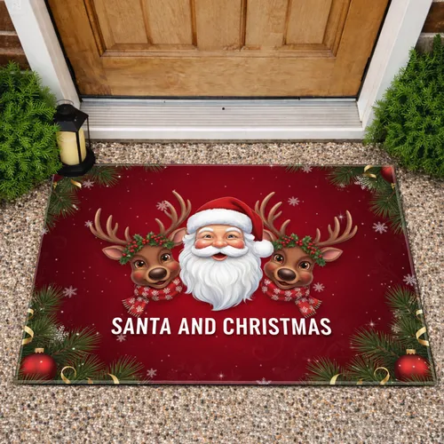 Santa Claus Reindeer Christmas Greeting Holly Pine Snowflakes - Christmas Home Decor Doormat