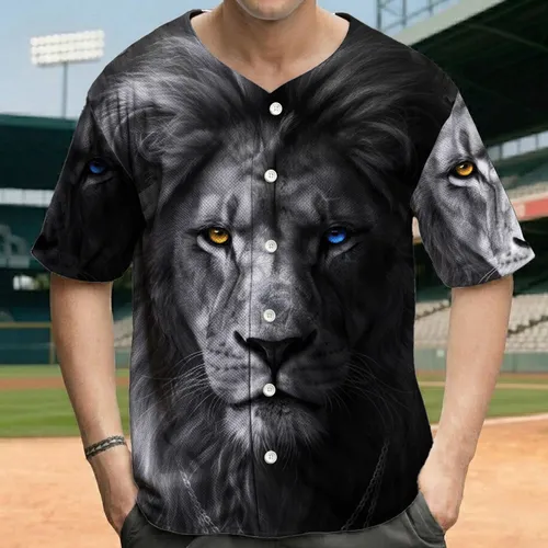 Duality Lion Face Greyscale Golden & Dark Blue Eyes Silver Chain - Big Cat Lover Gift Baseball Jersey