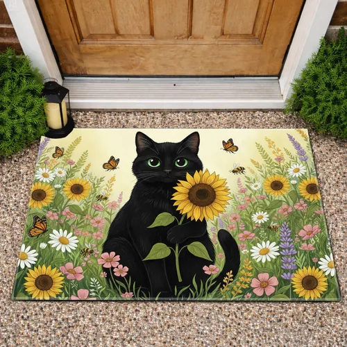 Black Cat Sunflower Wildflower Meadow - Home Decor Gift for Cat Lover Doormat