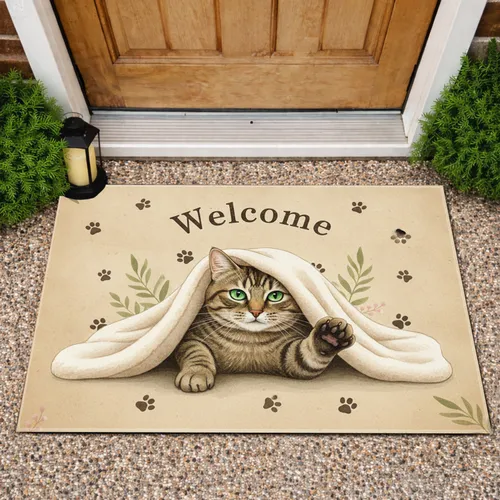 Tabby Cat Welcome Paw Prints Home Decor Gift for Cat Lovers Doormat