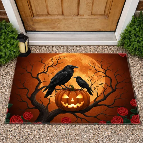 Black Ravens Glowing Jack-o'-Lantern Spooky Tree Red Roses Moon - Halloween Decor Gift Doormat