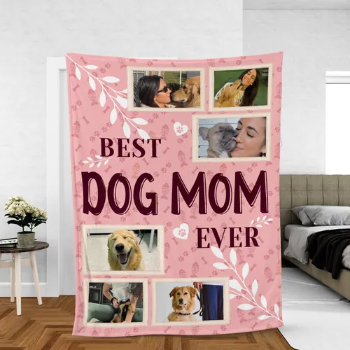Custom Dog Mom Photo Blanket, Personalized Mothers Day Gift for Dog Lover, Best Dog Mom Ever Photo Blanket