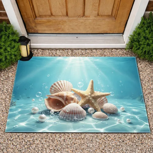 Shimmering Pearls Conch Clam Starfish Sunrays Ocean Water - Coastal Home Decor Gift Doormat