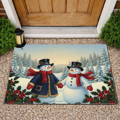 Festive Snowmen Holly Pine Trees - Christmas Holiday Gift Doormat