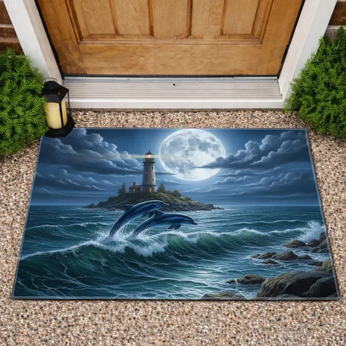 Leaping Dolphins Lighthouse Moonlit Ocean - Ocean Lover Home Decor Gift Doormat