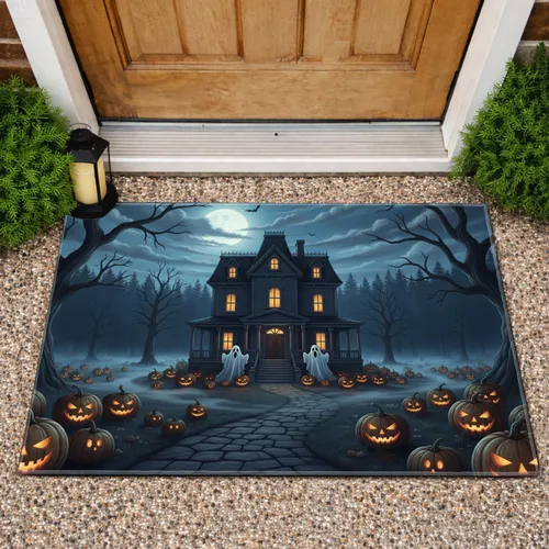 Haunted Mansion Sheet Ghosts Jack-o'-lanterns - Haunted Halloween Decor Doormat