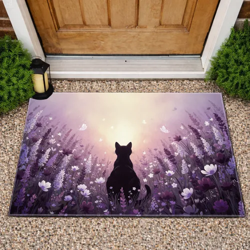Black Cat Floral Field Butterflies - Home Decor Gift for Cat Lover Doormat