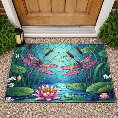 Dragonfly Water Lily Pond Reeds Cattails - Home Decor Gift for Nature Lovers Doormat