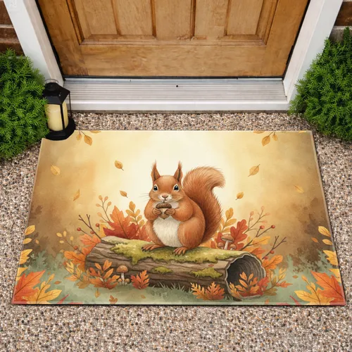 Reddish Brown Squirrel Acorn Mossy Log Autumn Leaves Forest - Autumn Decor Gift Doormat