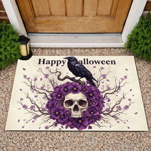 Human Skull Pansy Wreath Black Raven - Halloween Party Decor Doormat