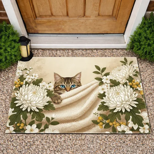 Tabby Cat Blue Eyes Flowers - Home Decor Gift for Cat Lovers Doormat