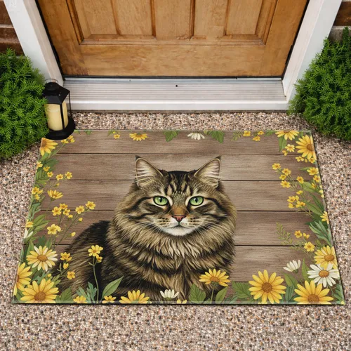 Tabby Cat Yellow Daisies Rustic Wood - Home Decor Gift for Cat Lovers Doormat