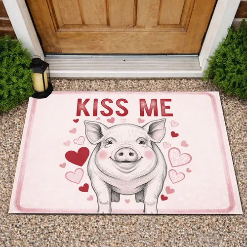 Pig Hearts Kiss Me - Farmhouse Valentine's Day Home Decor Doormat