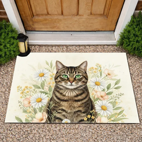 Tabby Cat Green Eye Botanical Wildflower Meadow - Home Decor Gift for Cat Lover Doormat