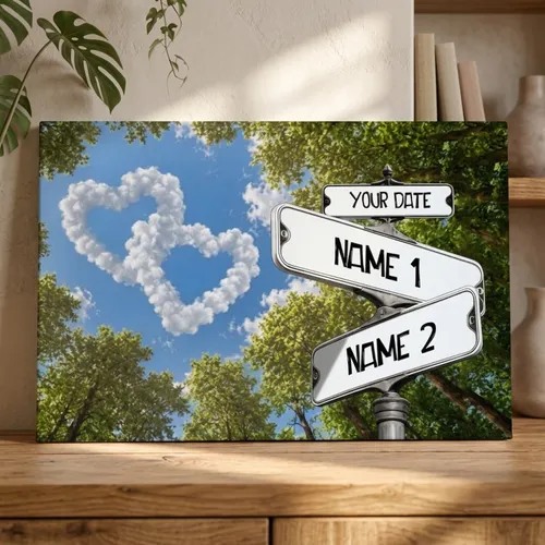 Personalized Couple Canvas, Custom Names & Date Street Sign Canvas, Heart Cloud Wall Art, Anniversary Wedding Gift