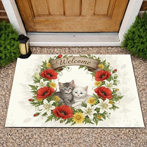 Kittens Welcome Floral Wreath Red Poppies - Home Decor Gift for Cat Lover Doormat