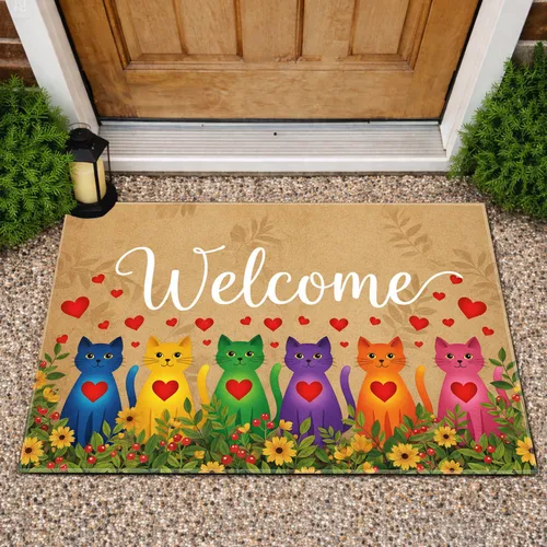 Welcome Cats Red Hearts Green Foliage Rustic Field - Farmhouse Home Decor Gift for Cat Lover Doormat