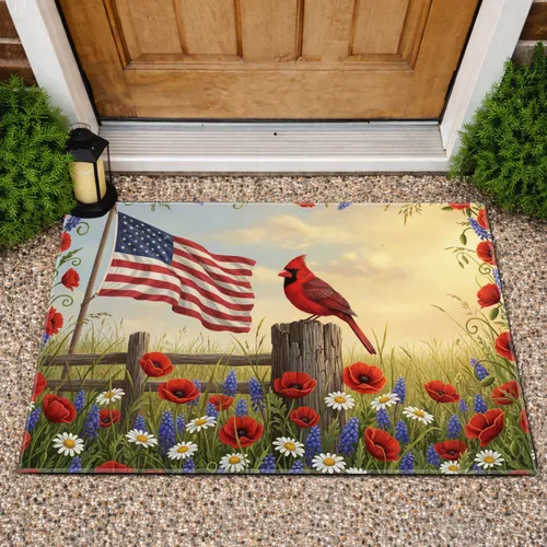 American Flag Red Cardinal Wildflowers - Patriotic Home Decor Gift for Veterans Doormat