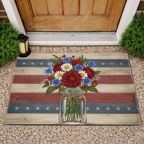 American Flag Flower Jar Rustic Wood - Independence Day Home Decor Gift for Veterans Doormat