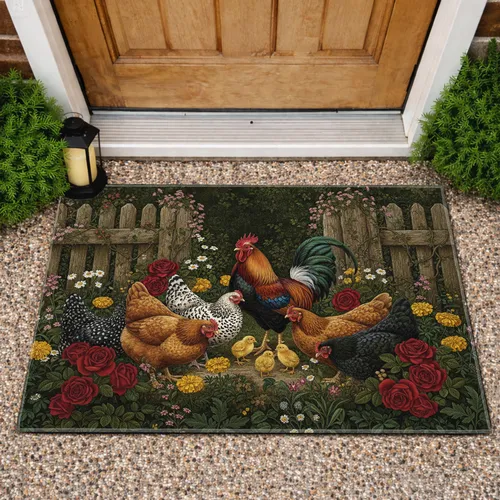 Rooster Chicken Flock Garden Flowers - Farmhouse Decor Gift for Farm Lover Doormat