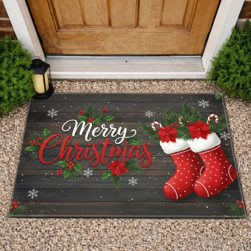 Merry Christmas Holly Stockings Pine Berries Snowflakes - Rustic Holiday Decor Doormat