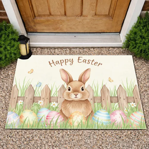 Friendly Fluffy Bunny Happy Easter Pastel Eggs Wildflower Picket Fence - Easter Holiday Doormat