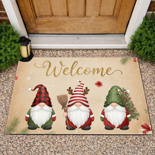 Christmas Gnomes Welcome Holly Berries - Rustic Farmhouse Decor Doormat