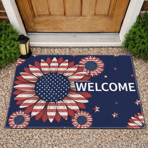 American Flag Sunflower Welcome - Independence Day Gift for Veterans Doormat