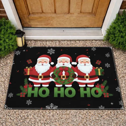 Three Santas Christmas Wreath HO HO HO - Christmas Home Decor Gift Doormat