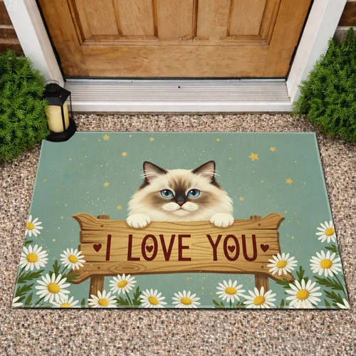 Ragdoll Cat I LOVE YOU Sign Daisy Flowers - Love Home Decor Gift Doormat