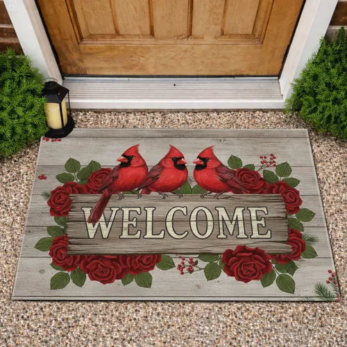 Northern Red Cardinals Welcome Sign Red Roses - Home Decor Gift for Bird Lover Doormat