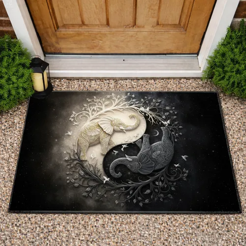 Yin Yang Elephant Tree Birds Stars Moon - Home Decor Gift for Wildlife Lover Doormat