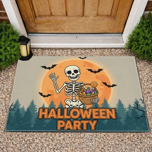 Skeleton Candy Basket Moon Bats Spiderweb - Halloween Party Doormat