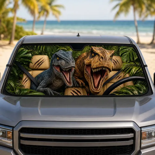 Realistic Raptor And T Rex Jungle Cabin Scene For Dino Fans Road Trip Halloween Gift Car Sunshade