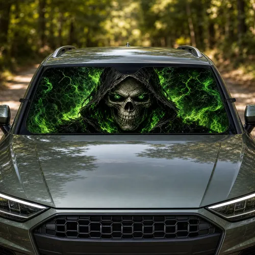 Green Fire Hooded Skeleton Reaper Dark Fantasy Halloween Goth Driver Gift For Adults Car Sunshade