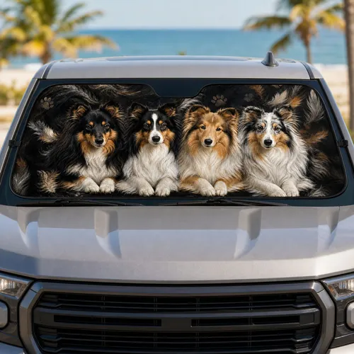 Four Sheltie Dogs Realistic Portrait For Road Trips And Outdoor Parking Dog Lovers Car Sunshade