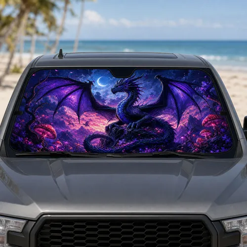 Dark Sapphire Dragon With Violet Wings Twilight Fantasy Decor For Goth Drivers And Gamers Car Sunshade