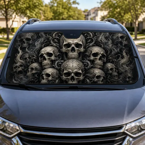 Realistic Gothic Skull Cluster Dark Fantasy Decor For Horror Fans And Occult Rides Car Sunshade