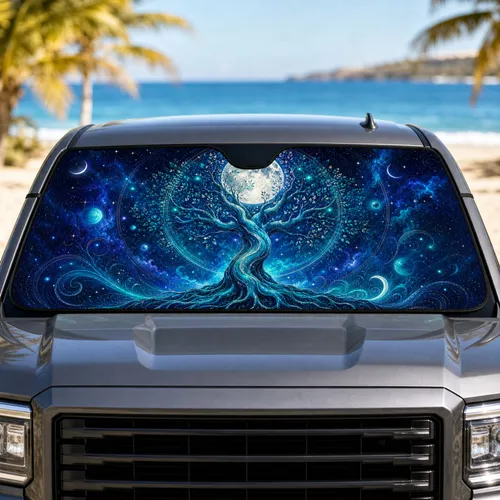 Luminous Celestial Tree Of Life Moonlit Cosmic Decor For Mystical Road Trip Lovers Car Sunshade