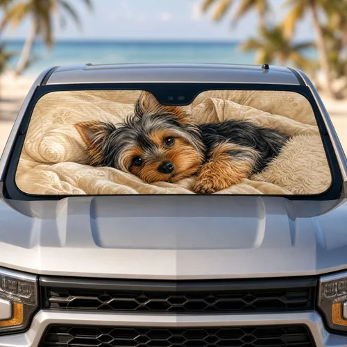 Cute Yorkshire Terrier Puppy On Cozy Ivory Bedding For Dog Lovers Travel Style Gift Car Sunshade
