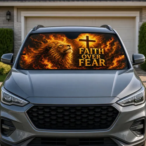 Lion Of Judah Faith Over Fear Flames Christian Decor For Daily Commutes And Believers Car Sunshade