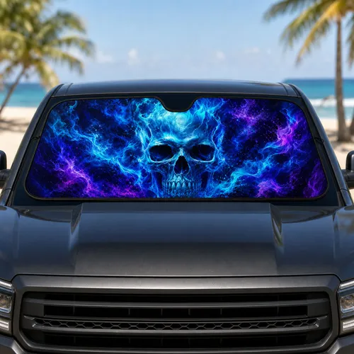 Glowing Blue Fire Skull With Cosmic Smoke For Gothic Fantasy Road Trip Style Fans Car Sunshade