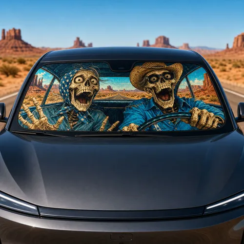 Undead Skeleton Road Trip Desert Horror Comedy For Halloween Desert Highway Fans Car Sunshade